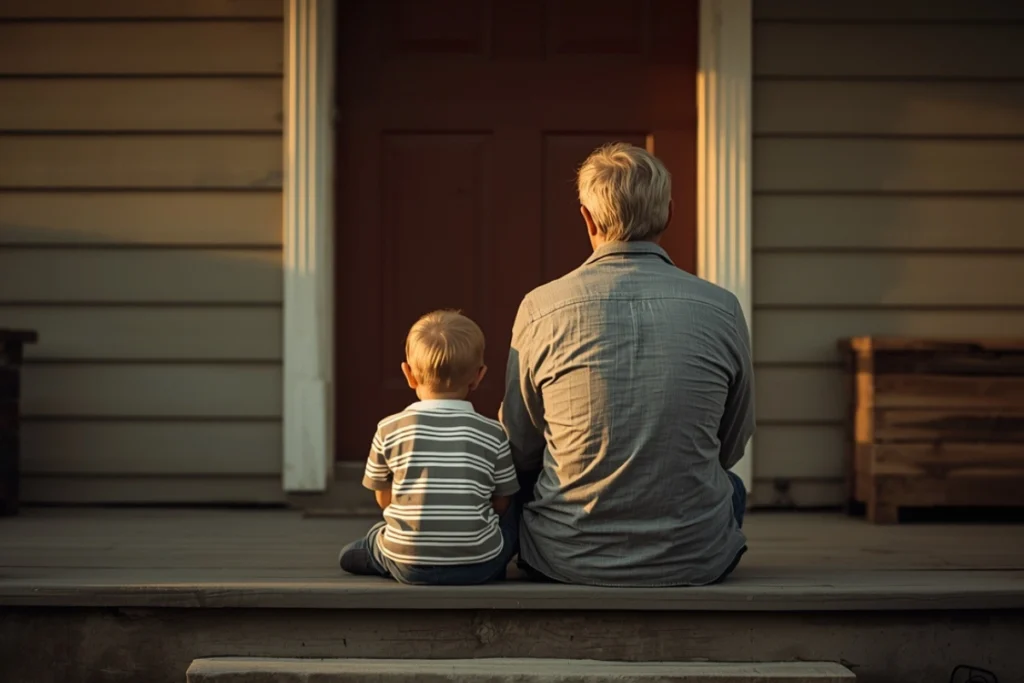 Adult and child sitting together on porch steps in late afternoon light, calm companionable moment