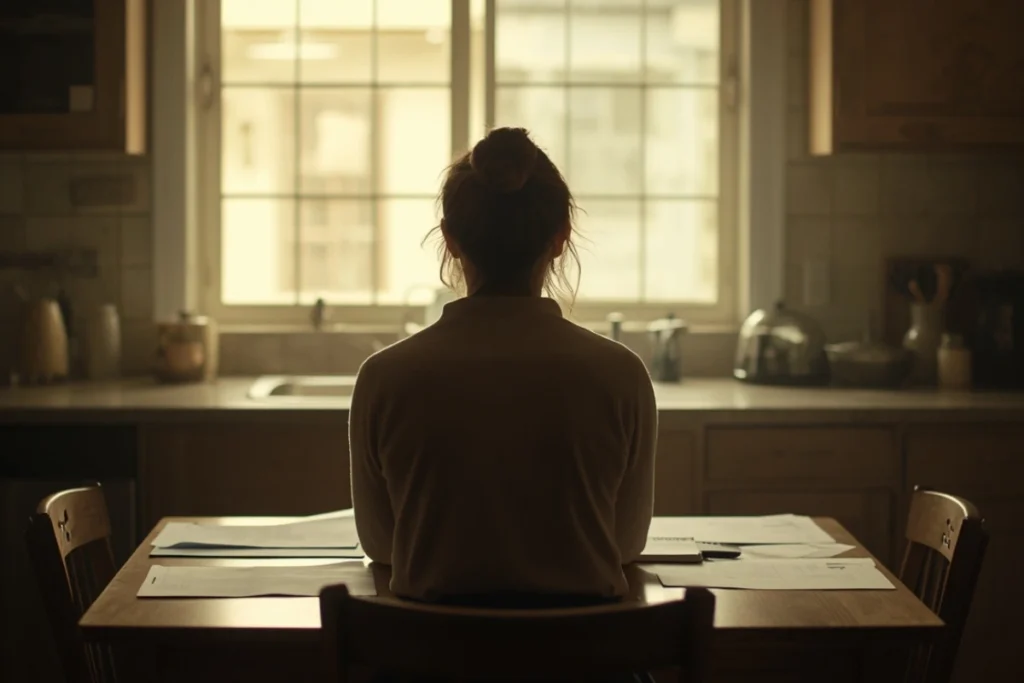 Person seated at a kitchen table with documents, viewed from behind, in warm morning light