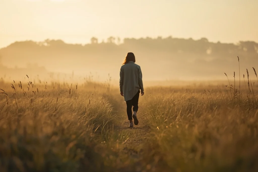 Back-facing person walking through an open meadow in early morning light, wide sky and golden haze