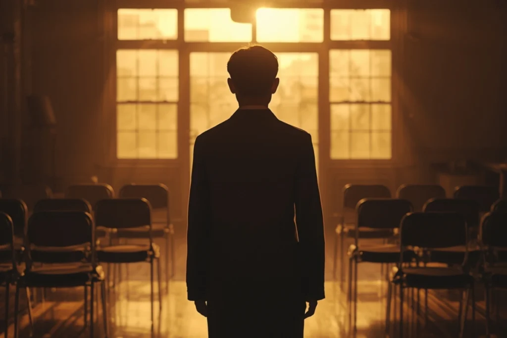 Person standing alone in a warmly lit empty room, back to camera, late afternoon light, a quiet solitary posture