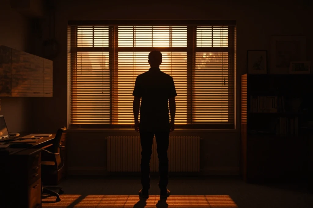Person standing near office window at dusk, back facing viewer, warm evening light through window blinds