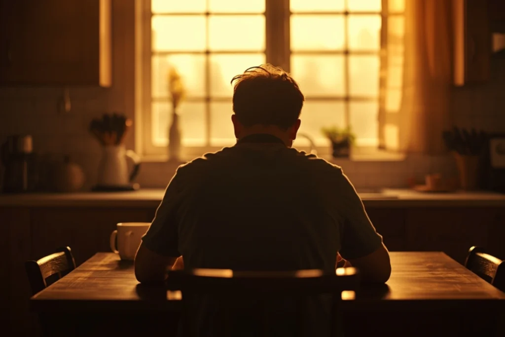 Person seated at kitchen table in morning light, hands around a mug, quiet posture of private reflection