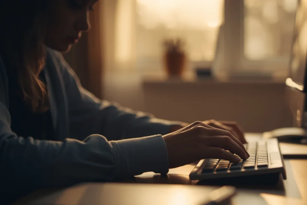 Person at a desk near a window, hand resting near a keyboard, quiet mid-task stillness in natural light
