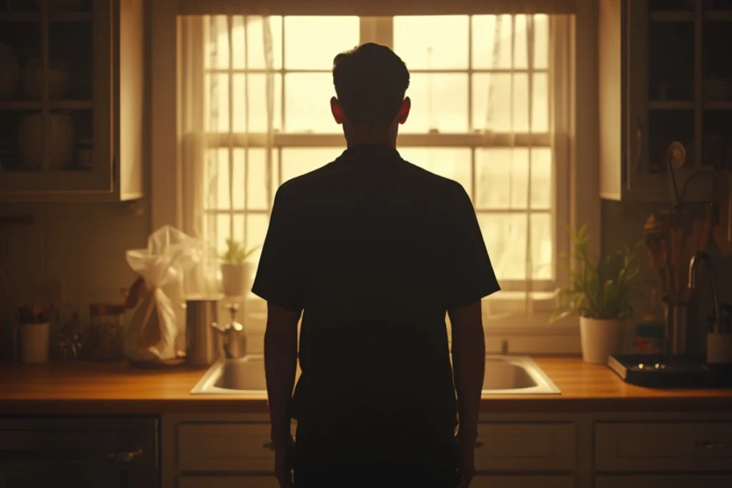 Back-facing person paused in softly lit kitchen near window, warm morning light, still reflective posture, calm domestic interior 