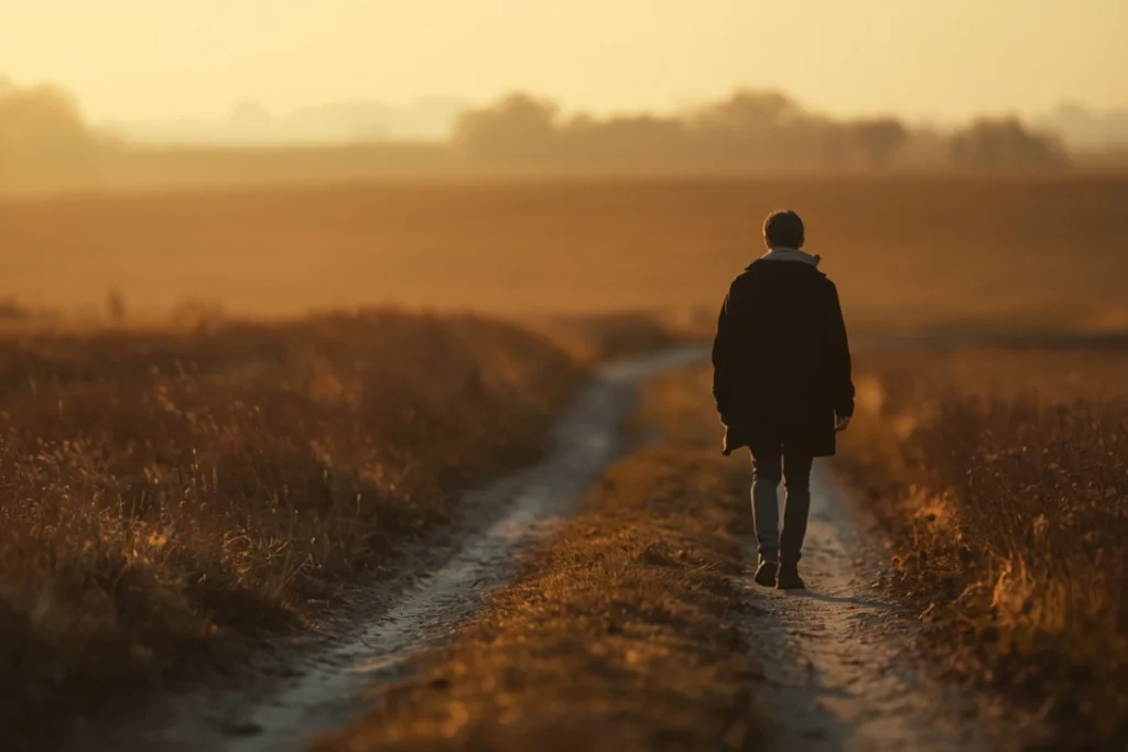 Person walking along a quiet countryside path, back to camera, early morning light, wide open landscape