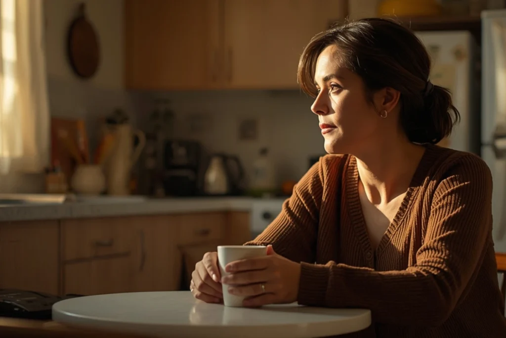 Person seated at a kitchen table in morning light, partial profile, holding a cup, quiet and inward
