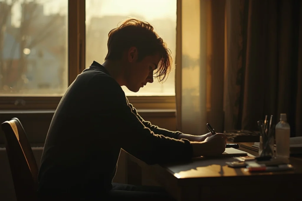 Person writing in journal at desk by window in warm afternoon light, relaxed purposeful posture