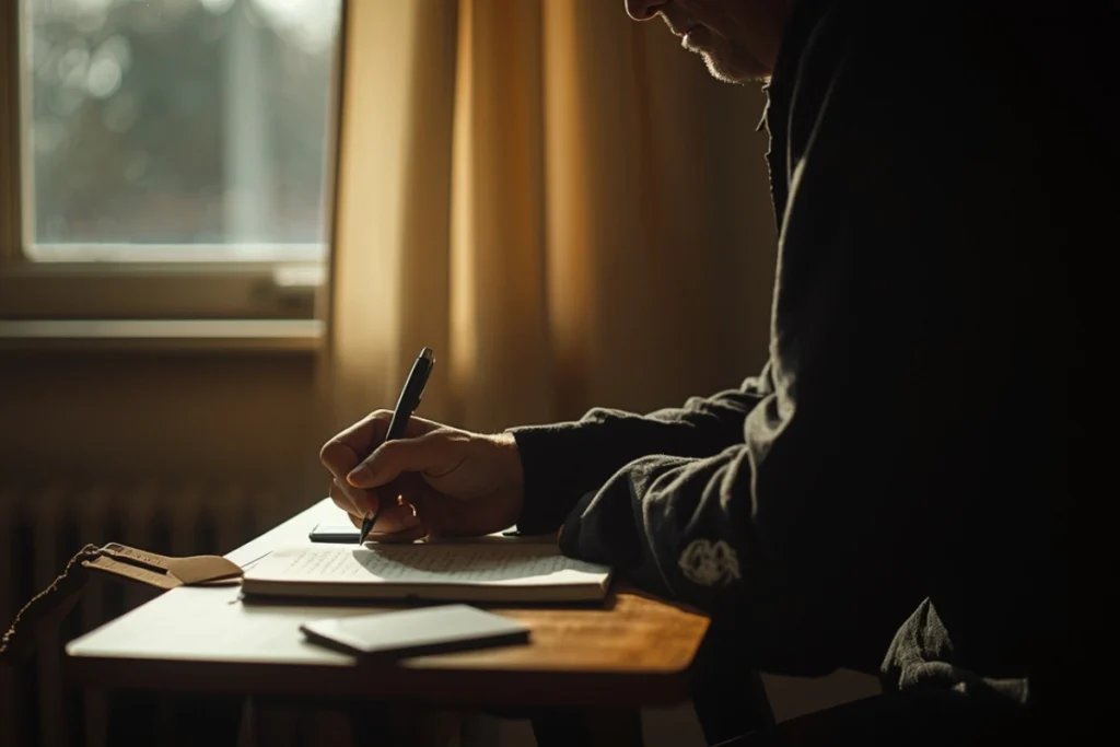 Adult at a small writing desk, partial figure, journal open, warm window light, calm and focused