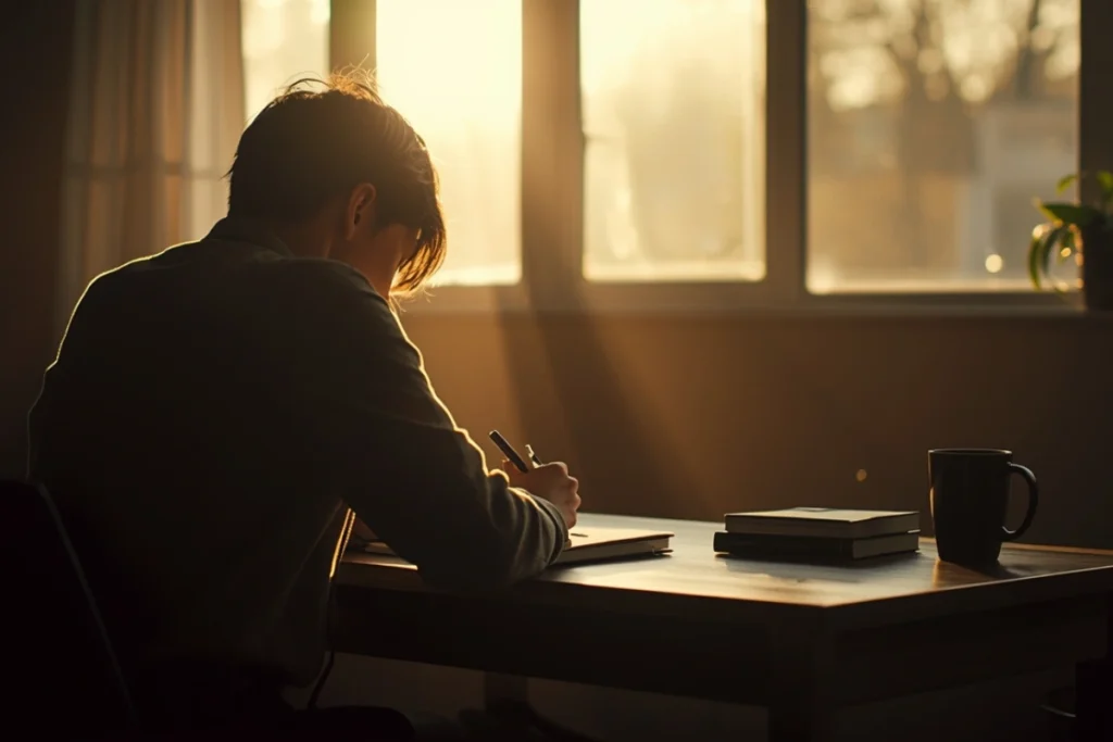 Person writing in a journal at a calm desk near a window, back-facing, morning light, deliberate and purposeful quiet