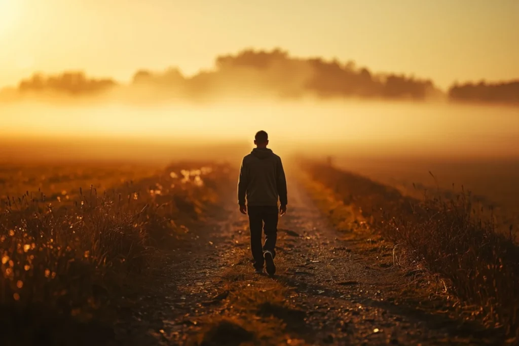 Back-facing figure walking along a brightening path through morning mist