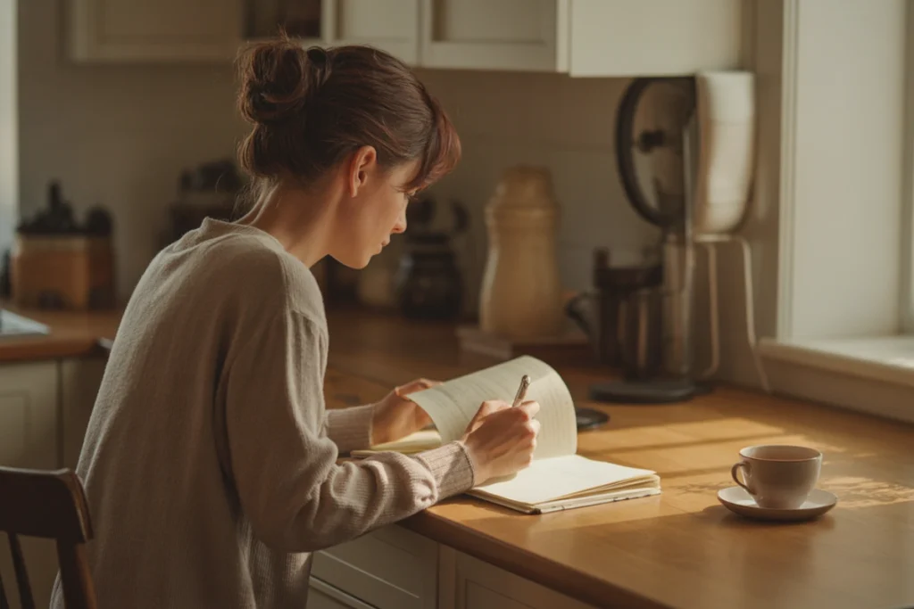 Person writing in journal at a wooden table in soft morning light, cup of tea nearby, posture focused and calm 