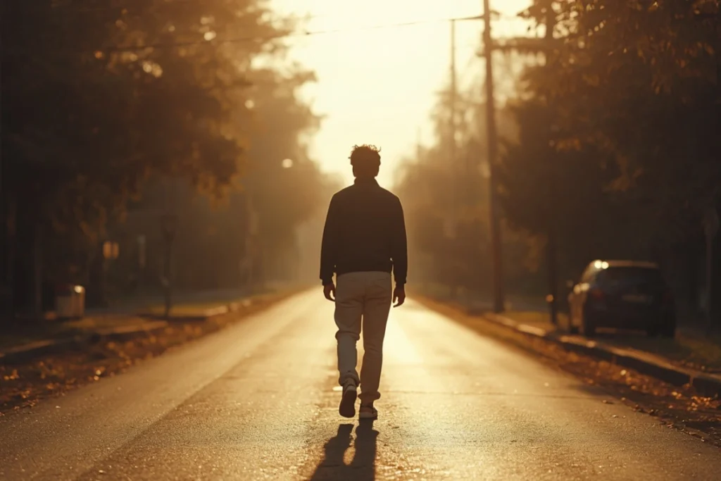 Person walking purposefully along a sunlit street, back-facing, upright grounded posture in warm afternoon light 
