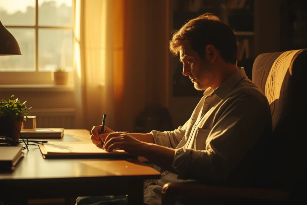 Partial view of adult seated journaling in warm side-lit room, atmosphere of purposeful quiet inner work