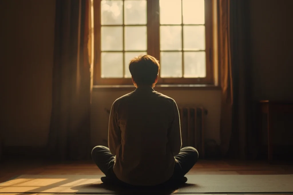 Person seated on the floor of a quiet room near a window, posture grounded and still, soft interior light