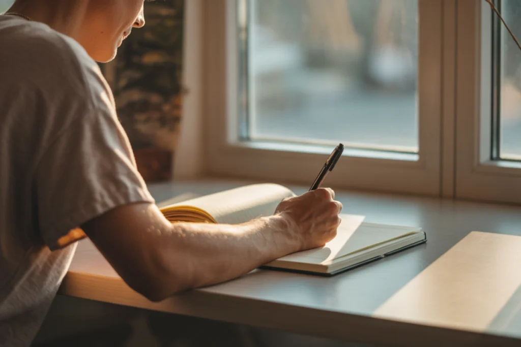Back-facing person writing in a notebook at a window table in warm morning light, in a posture of intentional focused work.