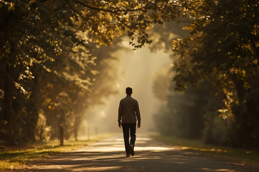Person walking along tree-lined path in morning light, back view, unhurried purposeful movement forward