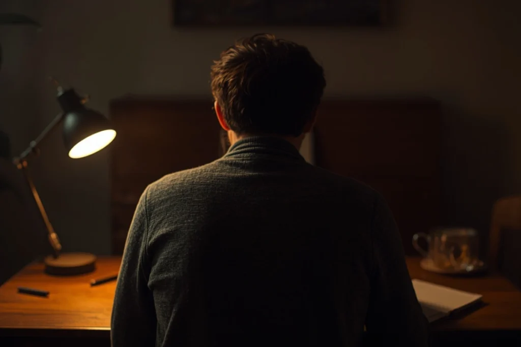 Person seated at a desk writing in a notebook by warm lamplight, viewed from behind