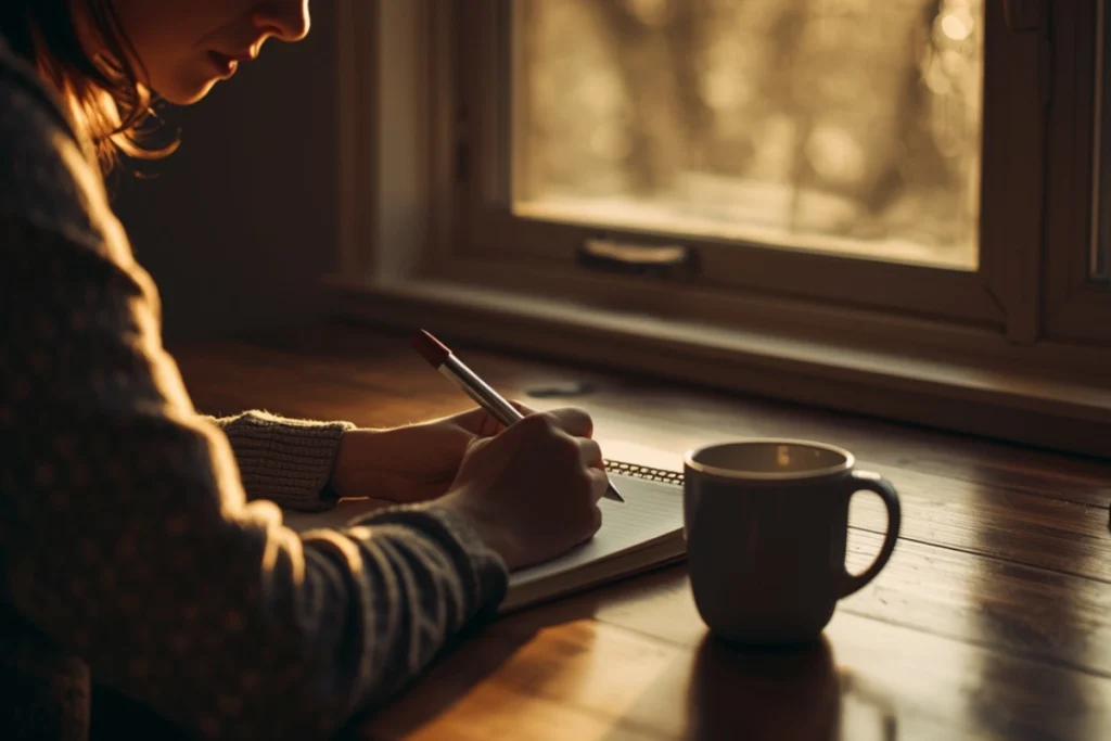 Person writing in a journal at a wooden desk in warm morning light, partial back angle, quiet and focused