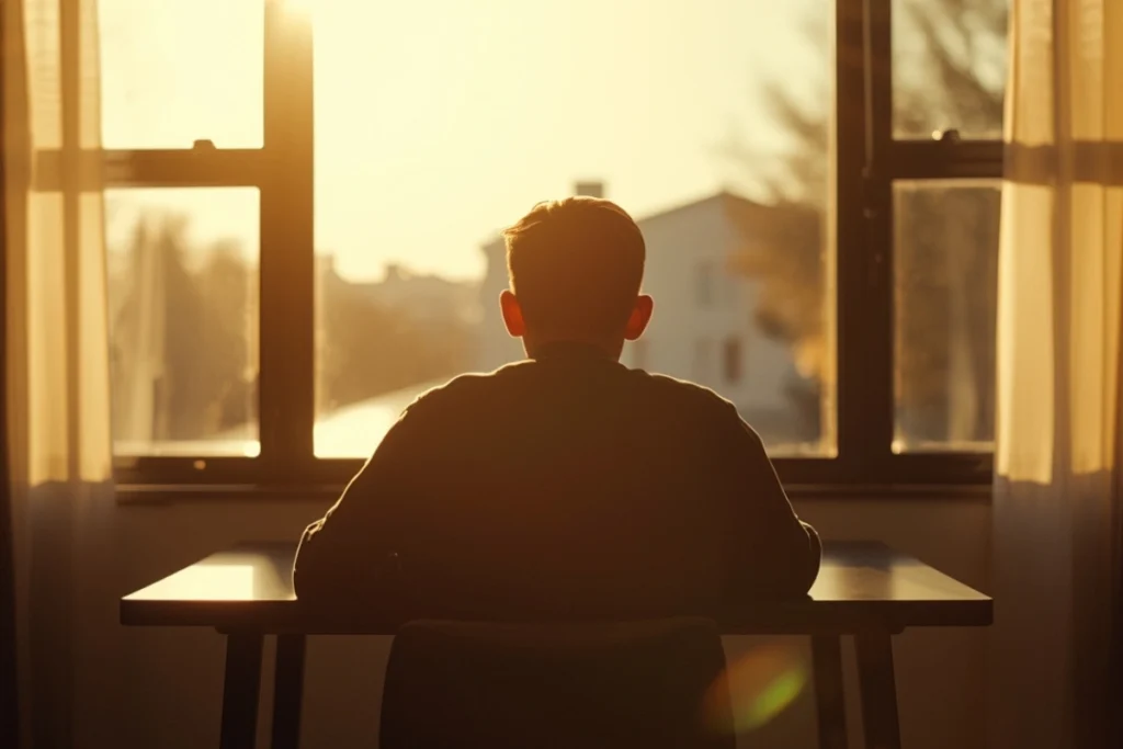 Person seated at a table near a bright window, back to camera, forward-leaning posture, warm morning light