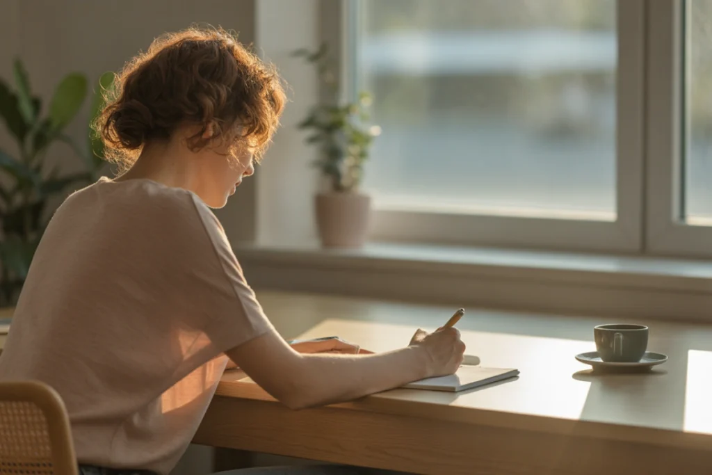 Person writing in notebook at sunlit table near window, coffee cup and plant visible in background, warm morning light