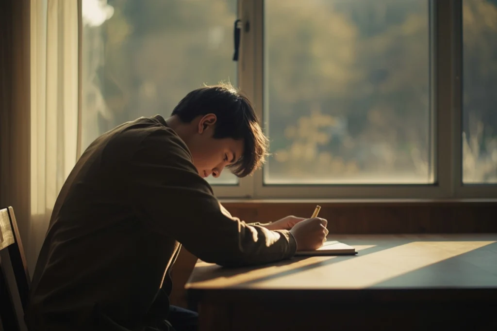 Young adult writing in a journal at a wooden table in warm morning light, back-facing, calm purposeful posture