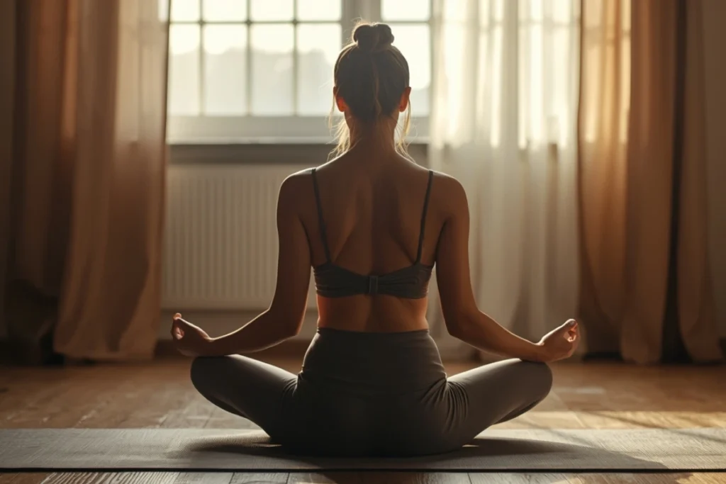Woman seated cross-legged on a yoga mat in a softly lit room, back-facing, upright posture, soft morning light through curtains