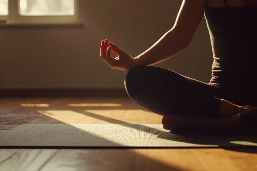 Person sitting on a yoga mat on a sunlit wooden floor, calm and deliberate posture, morning light