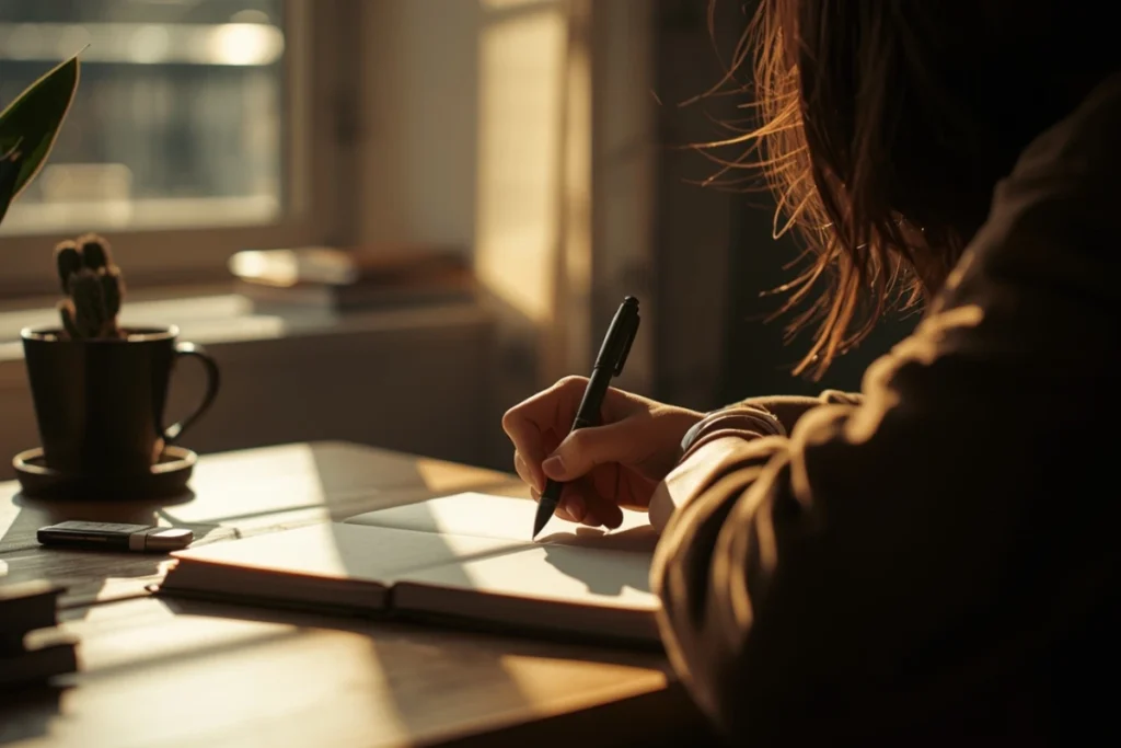 Partial figure writing in journal at sunlit wooden desk near window, warm afternoon light, focused unhurried posture, plants visible in background 