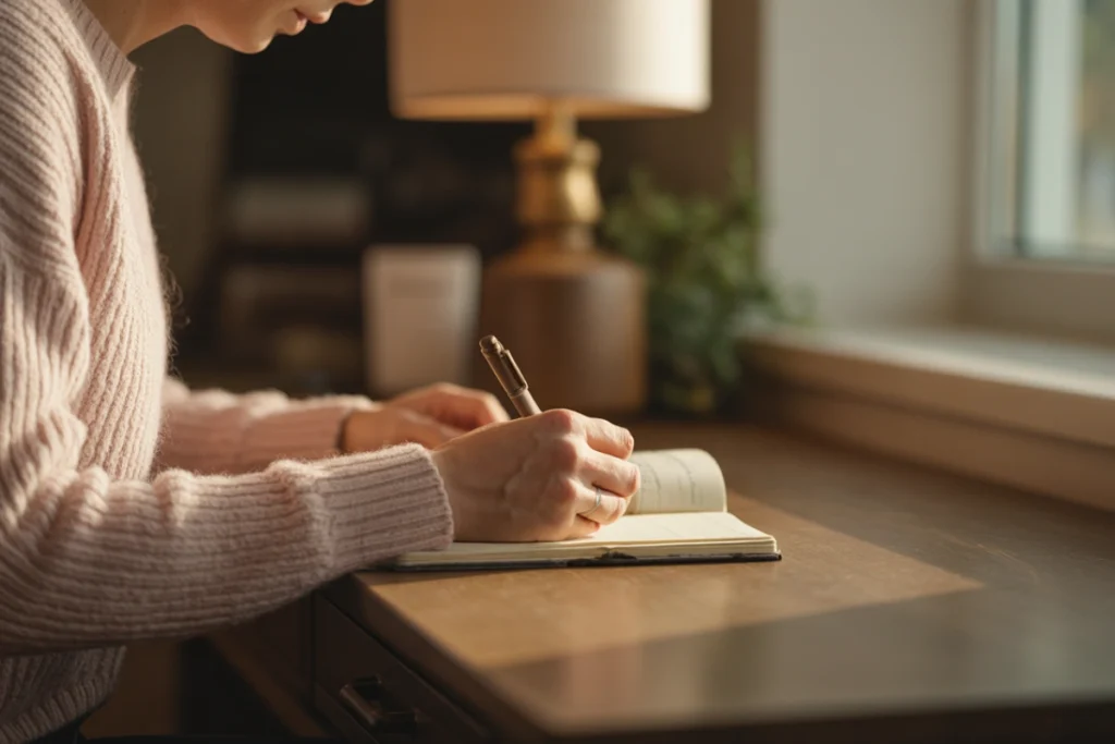 Person writing in a journal at a warmly lit wooden desk near a window, partial view, afternoon light