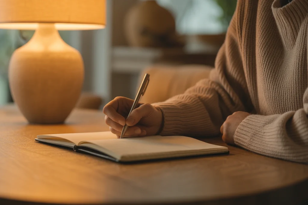 Partial figure writing in a journal at a wooden table, warm lamp light, quiet interior, purposeful and grounded