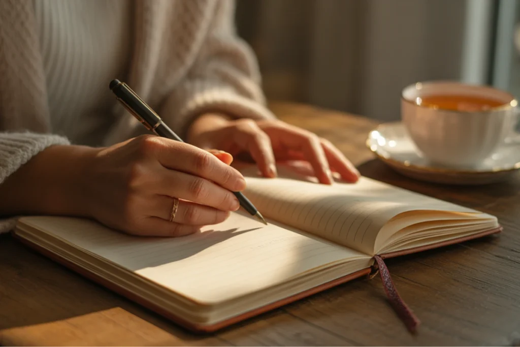 Hands writing in a journal in warm afternoon light with a cup of tea nearby, purposeful and calm
