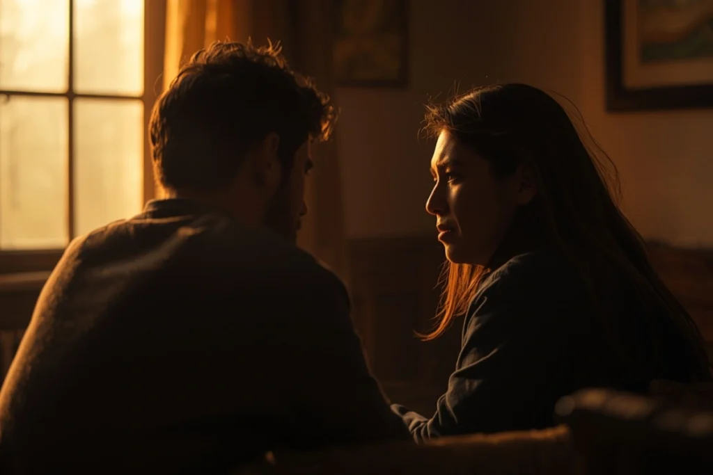 Two people in quiet conversation in warm interior light, angled away from camera, supported posture