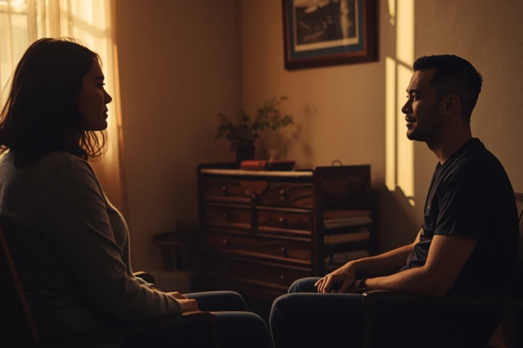 Two people seated facing each other at an angle in a warm room, faces not fully visible, posture open and attentive