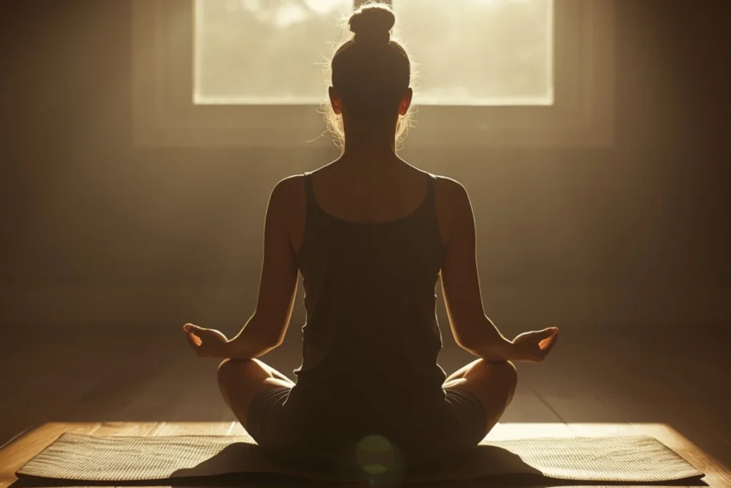 Back-facing figure seated on a meditation cushion in warm sunlit room, calm and grounded