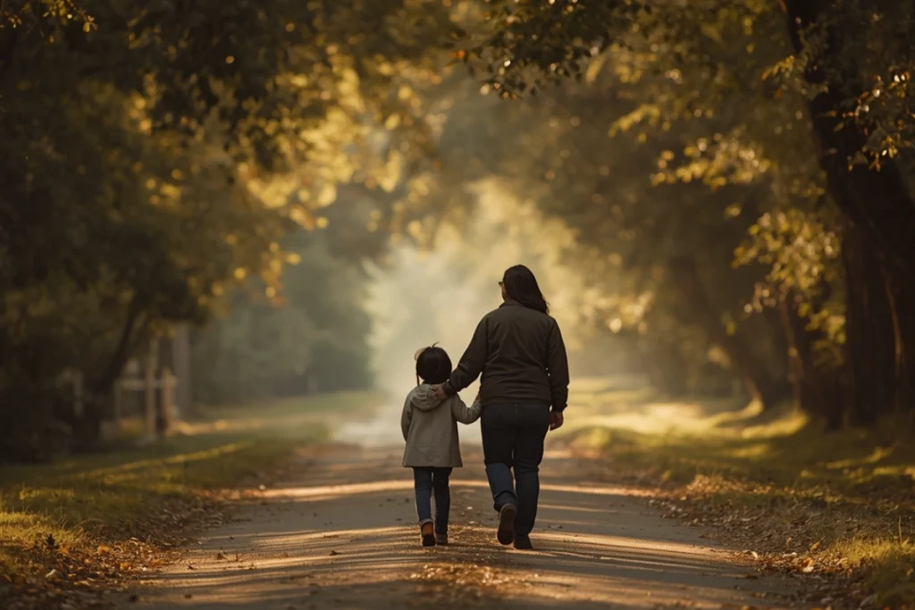 Adult and child walking together on a tree-lined path in afternoon light, backs to camera, moving forward calmly 