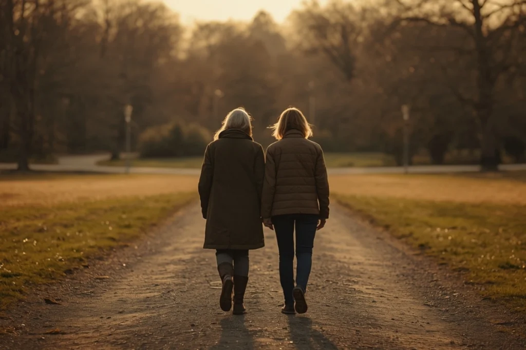 Two people walking side by side on a wide path in warm golden light, viewed from behind, calm and companionable