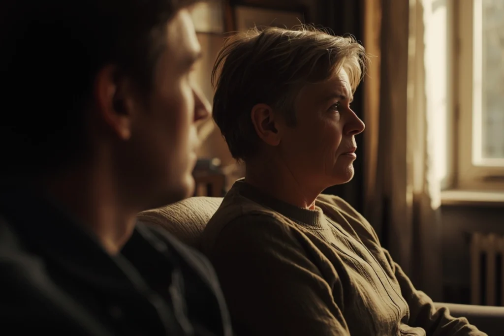 Two adults in partial view in warm natural light, posture of attentive listening and calm mutual presence