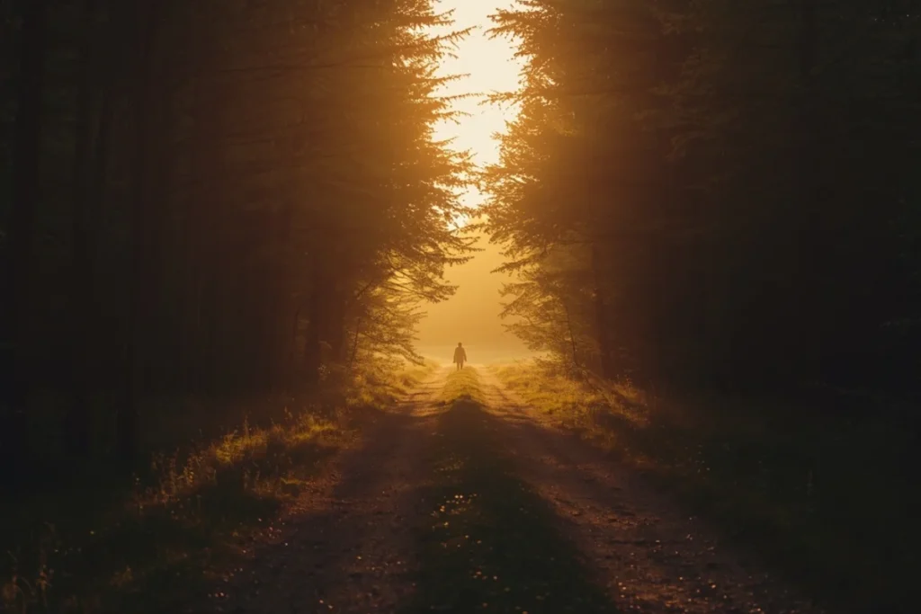 A path leading through a gently lit forest edge opening to open ground, warm golden-hour light