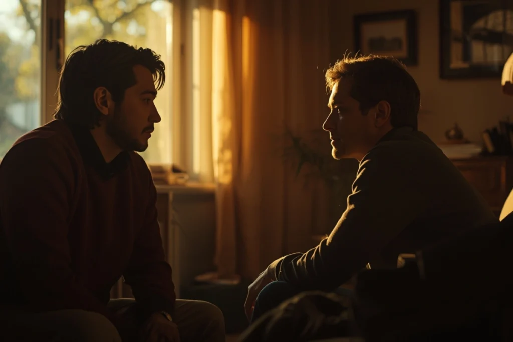 Two people in partial profile sitting in warm afternoon light in quiet supportive conversation, a sense of being heard.