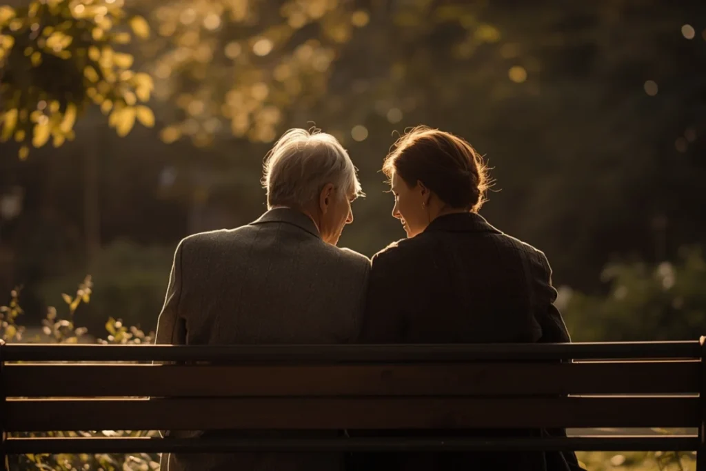 Two people seated outdoors in afternoon light, angled away from camera, quiet presence and understanding