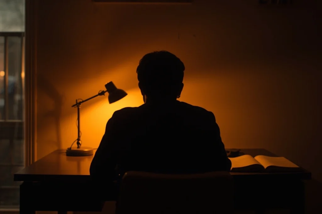 Person seated at desk in warm lamplight with open journal, back to camera, purposeful engaged posture