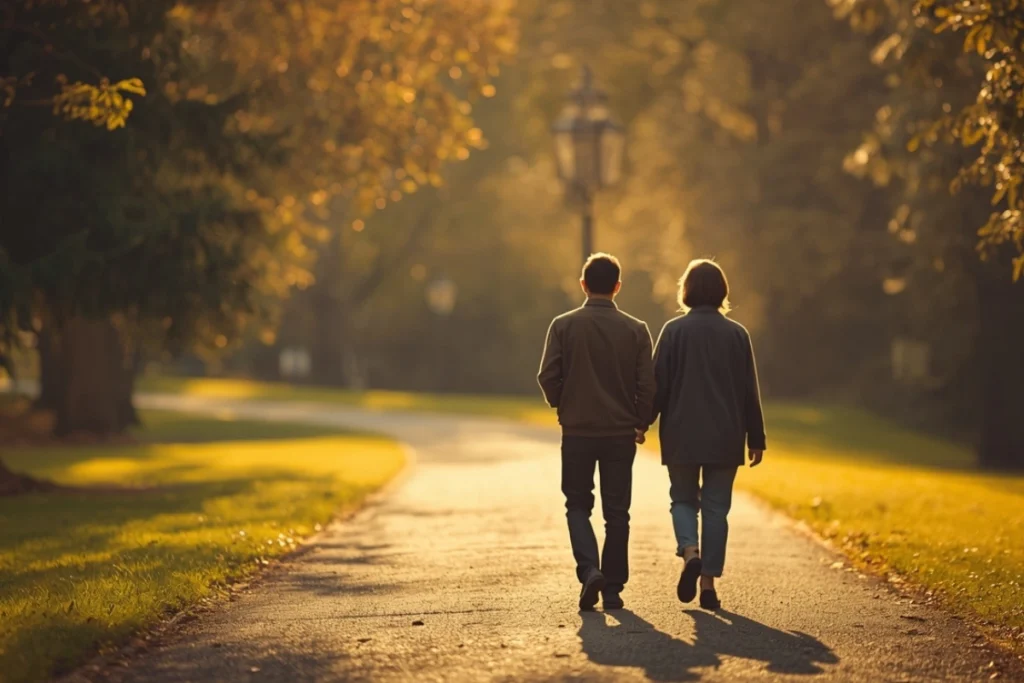 Two people walking together on a sunlit park path, seen from behind, calm and unhurried, dappled natural light 