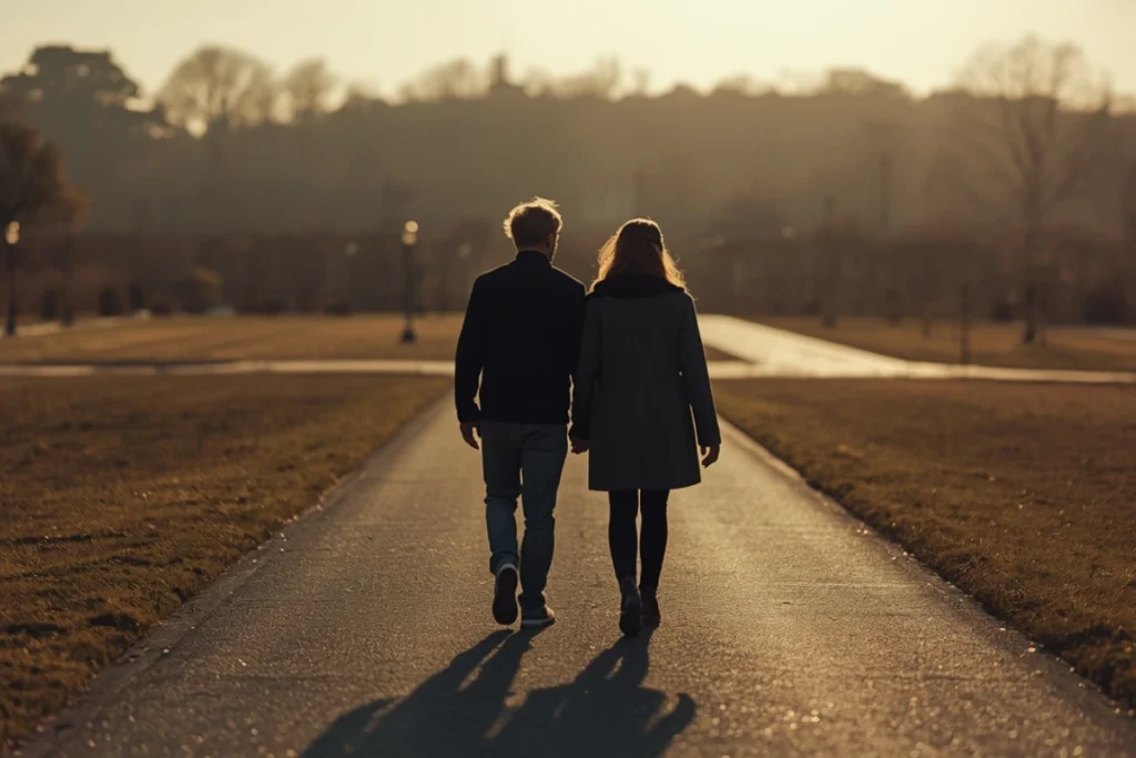 Two figures walking side by side on a sunlit park path — mood of companionship and unhurried forward movement