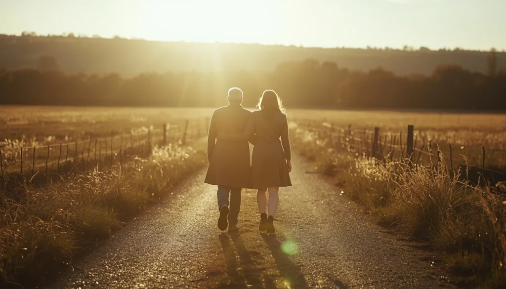 Two back-facing figures walking together on a sunlit path through an open field, warm afternoon light, wide landscape