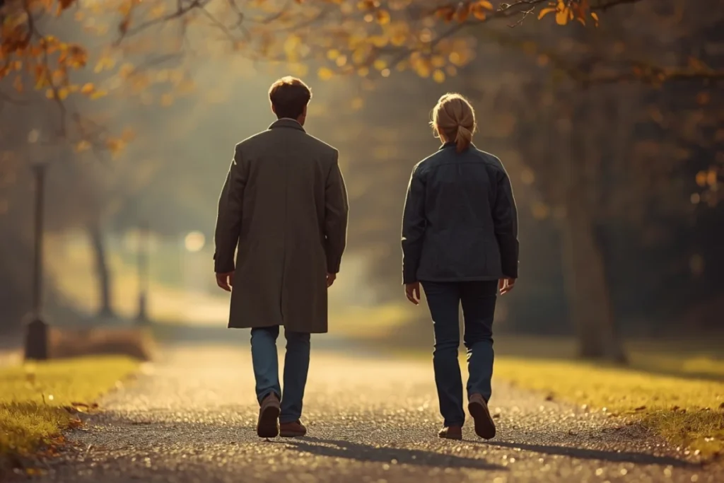 Two people walking side by side on a park path in warm afternoon light, viewed from behind