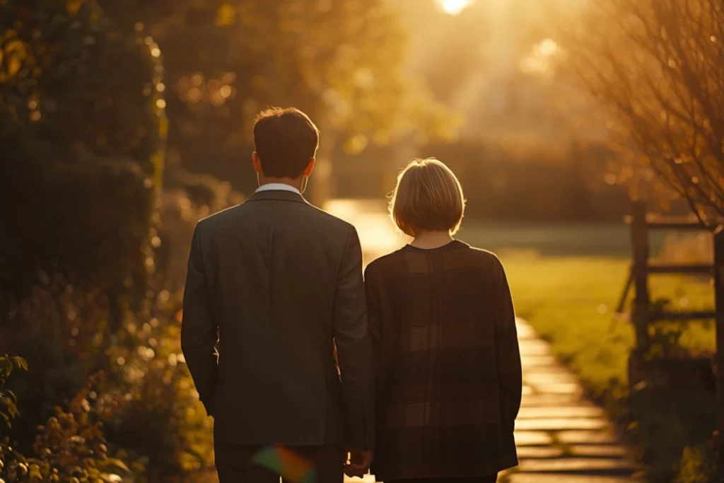 Two people walking side by side on sunlit garden path, warm afternoon light through trees, unhurried pace, faces angled away
