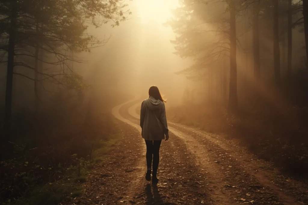 Woman on winding forest path, back to camera, warm light ahead, misty clearing, sense of forward movement