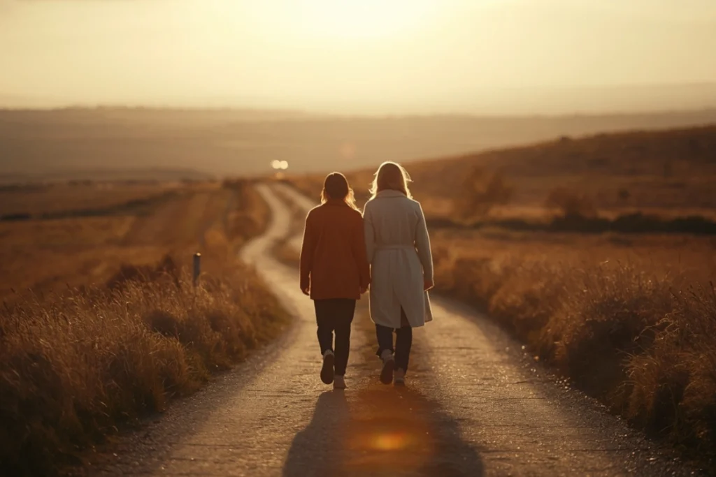 Two people walking together along a winding path in open countryside, backs to camera, warm afternoon light