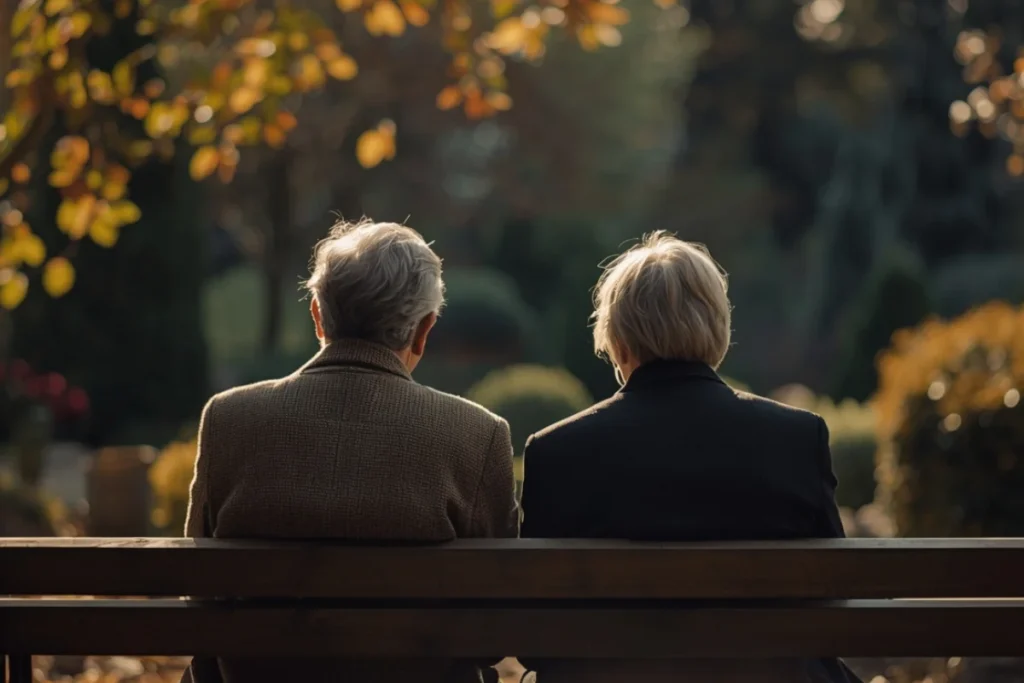 Two people sitting together on a bench in a sunlit garden, seen from behind, warm afternoon light, relaxed posture