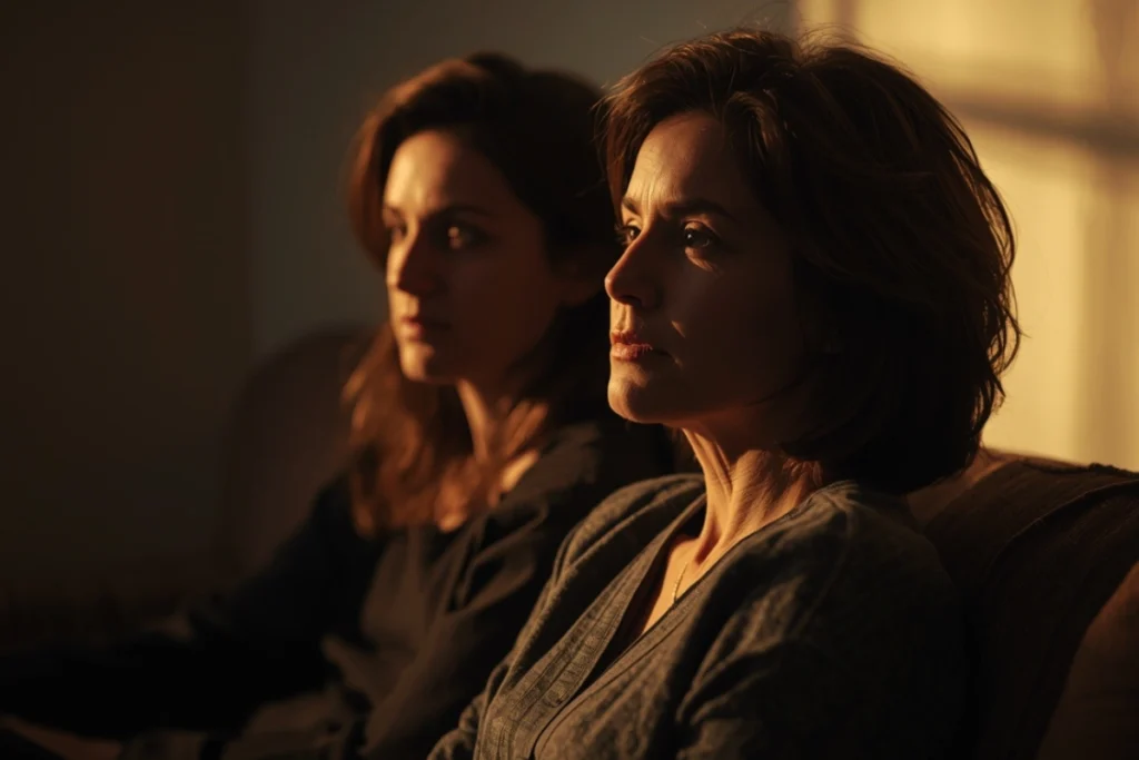 Two people seated side by side in warm light, listening posture, faces not fully shown, calm and accompanied quality
